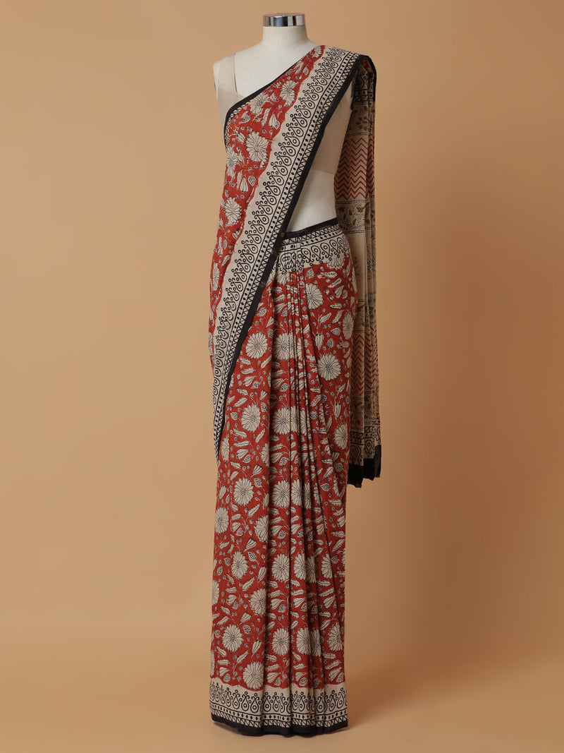 Hand Block Printed Cotton Tomato Red Mulmul saree-Binks