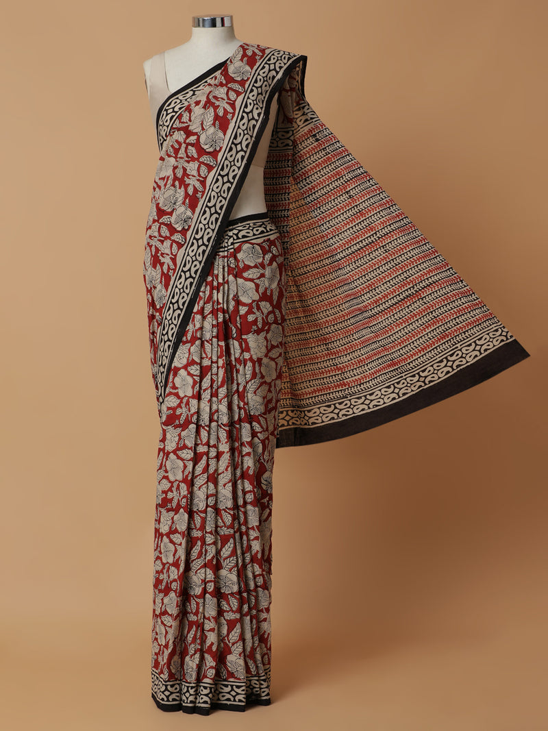 Hand Block Printed Floral Red Cotton Mulmul saree-Binks