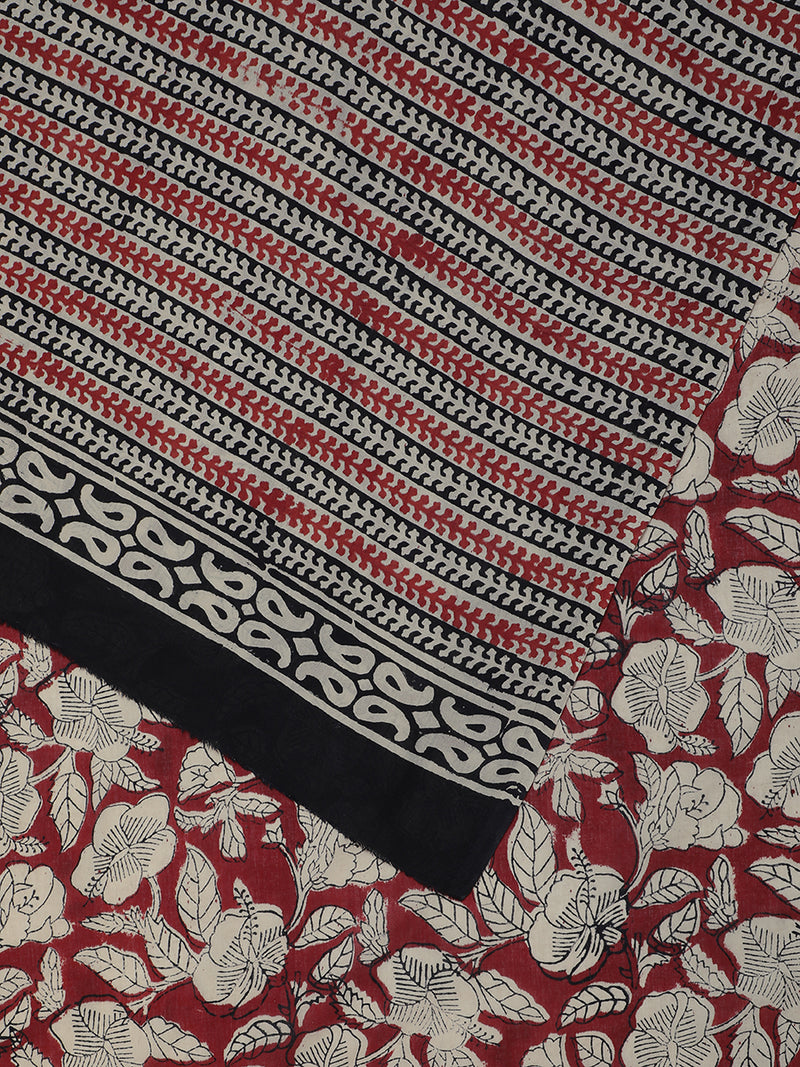 Hand Block Printed Floral Red Cotton Mulmul saree-Binks