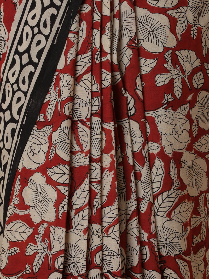 Hand Block Printed Floral Red Cotton Mulmul saree-Binks