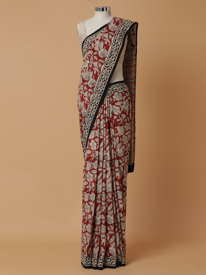 Hand Block Printed Floral Red Cotton Mulmul saree-Binks