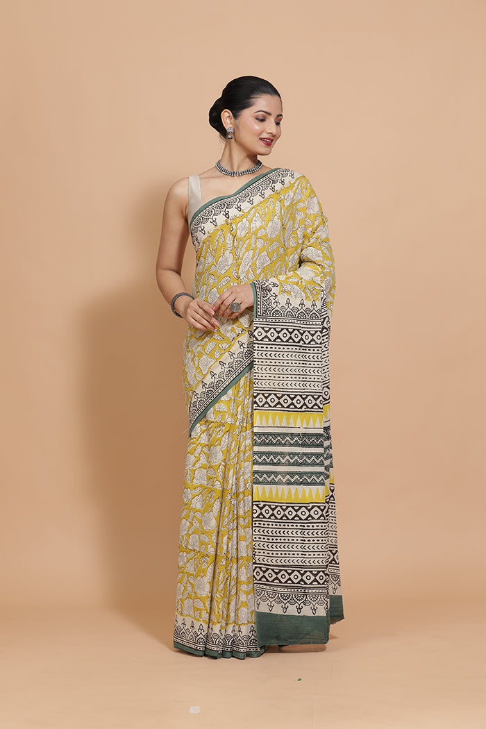 Hand Block Printed Mustard Cotton Mulmul saree-Binks