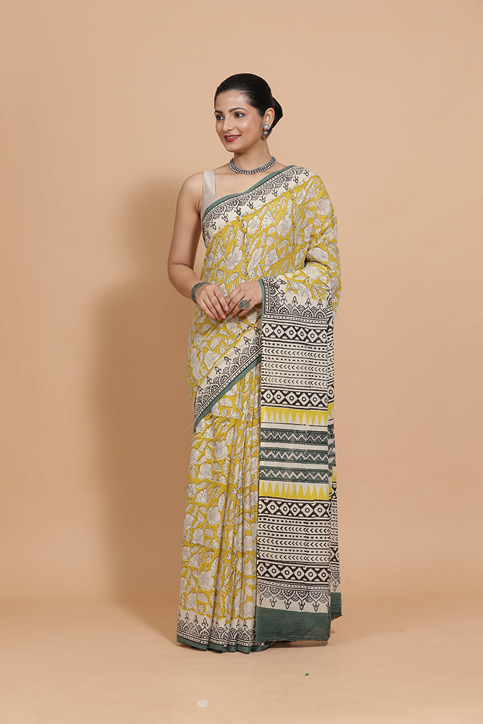 Hand Block Printed Mustard Cotton Mulmul saree-Binks