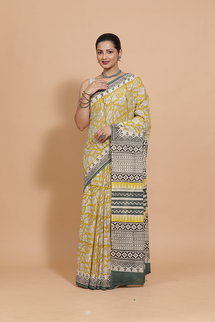 Hand Block Printed Mustard Cotton Mulmul saree-Binks