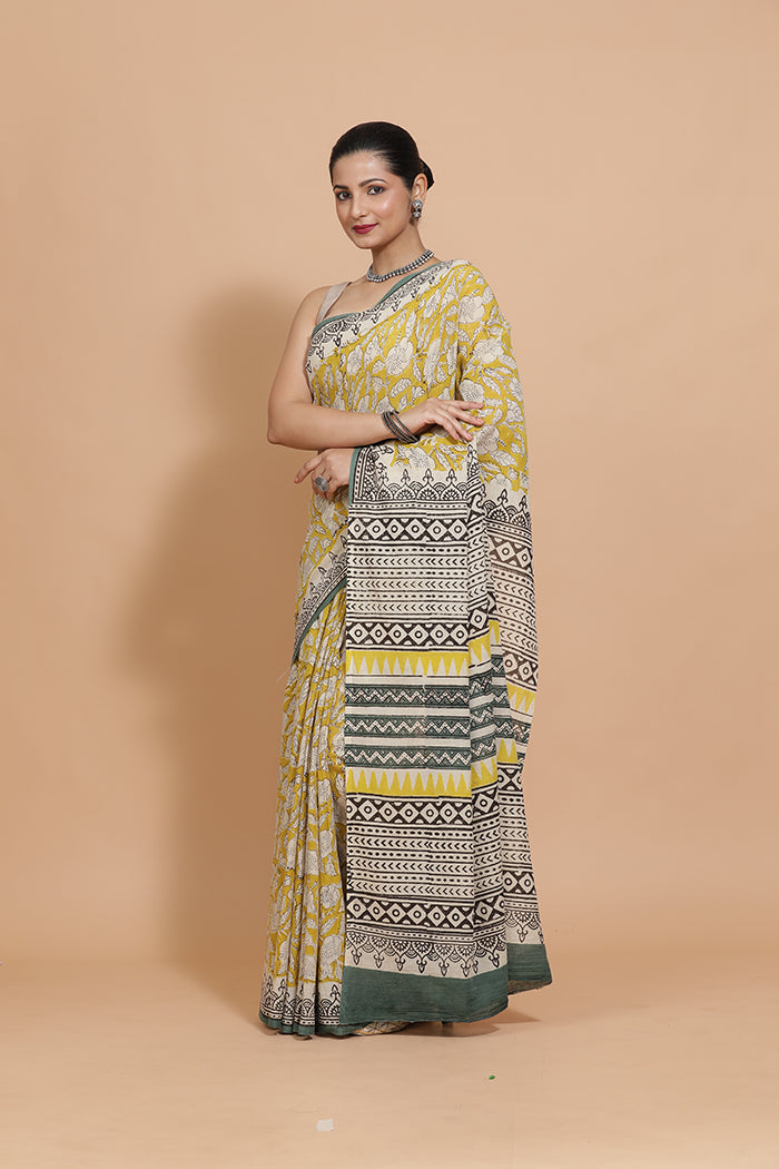 Hand Block Printed Mustard Cotton Mulmul saree-Binks