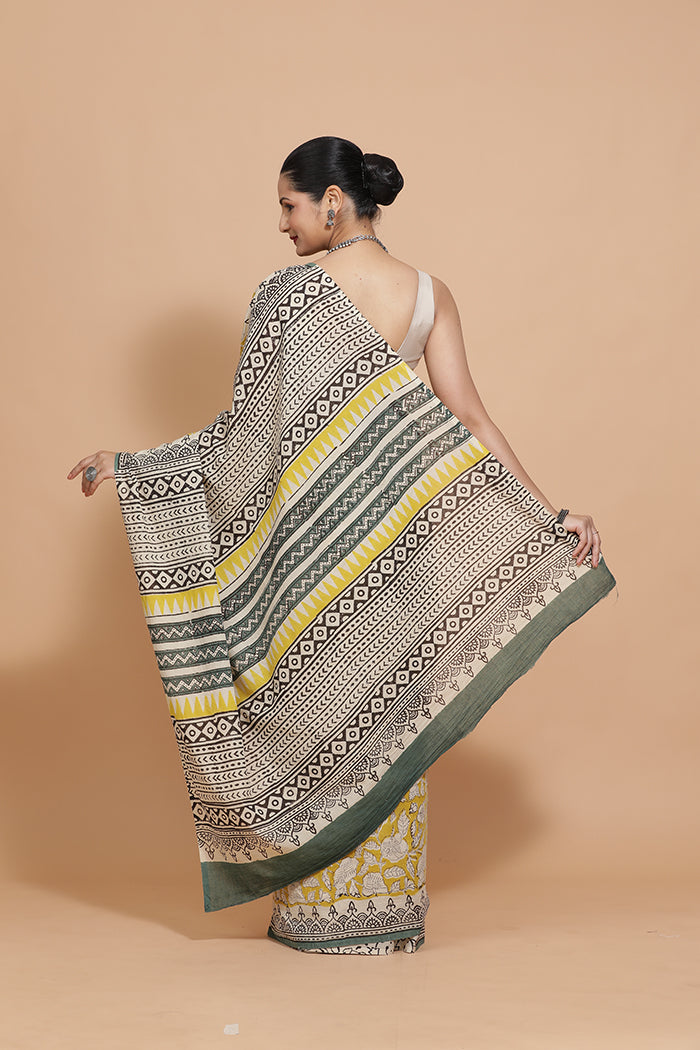 Hand Block Printed Mustard Cotton Mulmul saree-Binks
