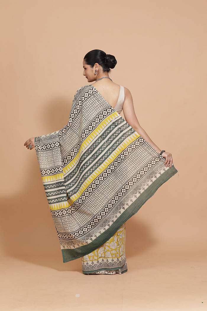 Hand Block Printed Mustard Cotton Mulmul saree-Binks