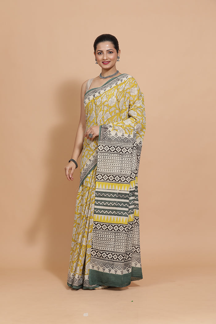 Hand Block Printed Mustard Cotton Mulmul saree-Binks