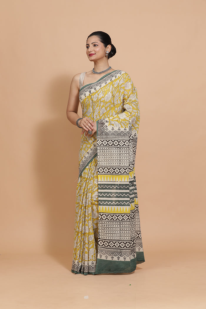 Hand Block Printed Mustard Cotton Mulmul saree-Binks