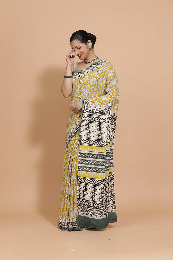 Hand Block Printed Mustard Cotton Mulmul saree-Binks
