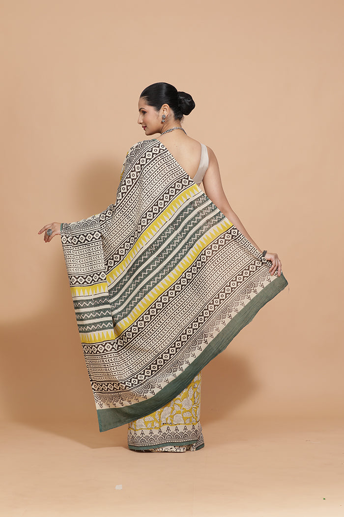Hand Block Printed Mustard Cotton Mulmul saree-Binks