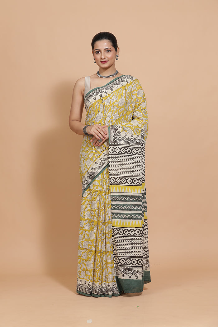 Hand Block Printed Mustard Cotton Mulmul saree-Binks