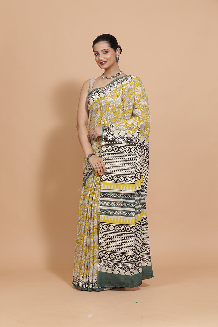 Hand Block Printed Mustard Cotton Mulmul saree-Binks
