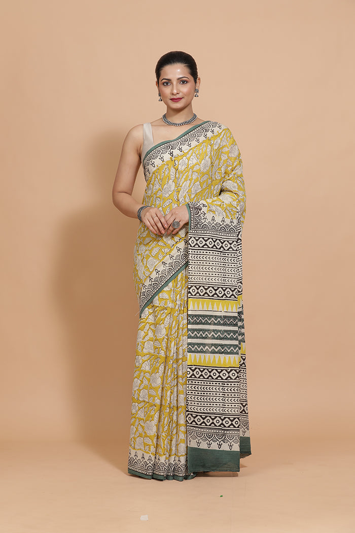 Hand Block Printed Mustard Cotton Mulmul saree-Binks