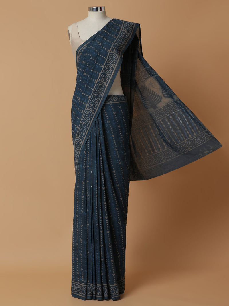 Hand Block Printed Dark Blue Cotton Mulmul saree-Binks