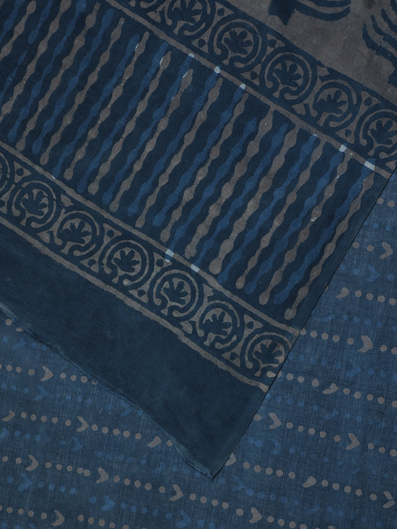 Hand Block Printed Dark Blue Cotton Mulmul saree-Binks