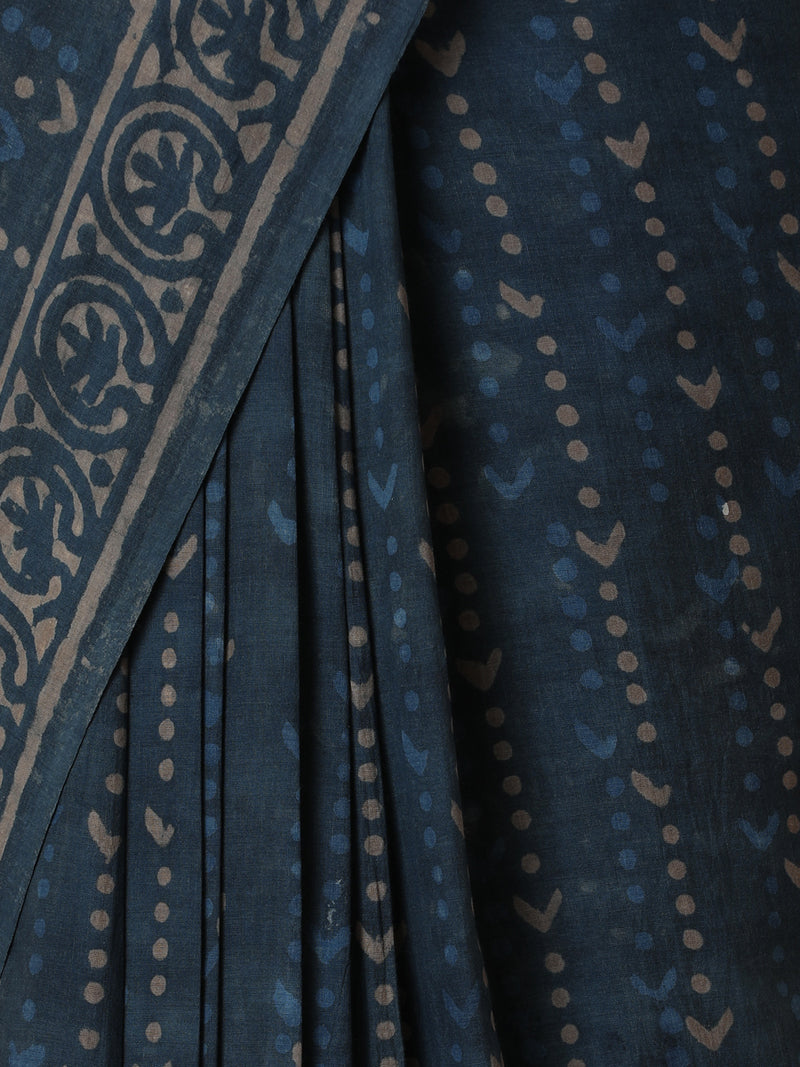 Hand Block Printed Dark Blue Cotton Mulmul saree-Binks