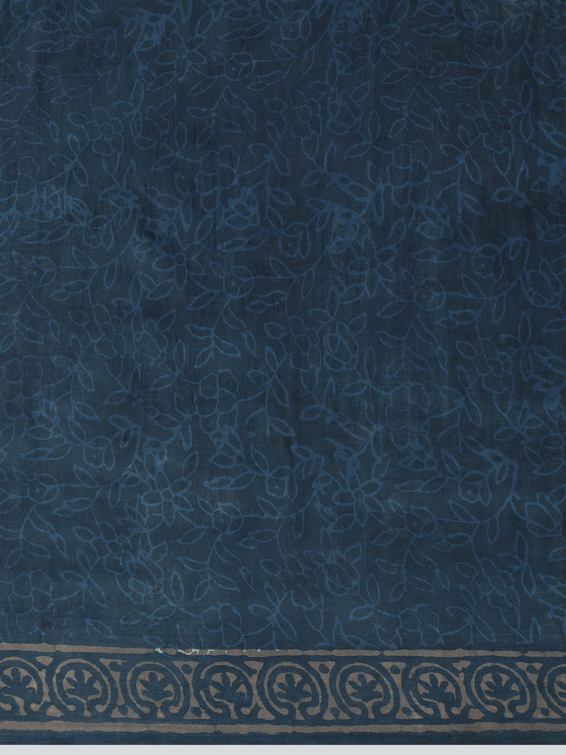 Hand Block Printed Dark Blue Cotton Mulmul saree-Binks