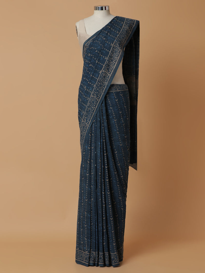 Hand Block Printed Dark Blue Cotton Mulmul saree-Binks