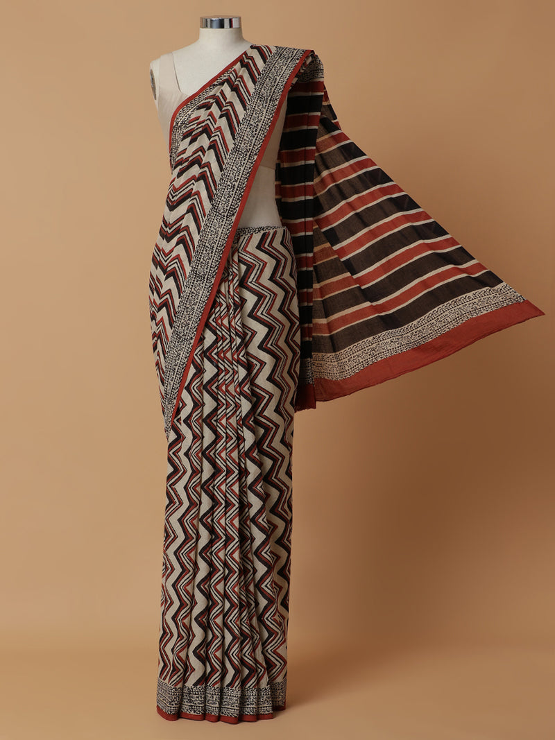Hand Block Chevron Printed Cotton Mulmul saree-Binks