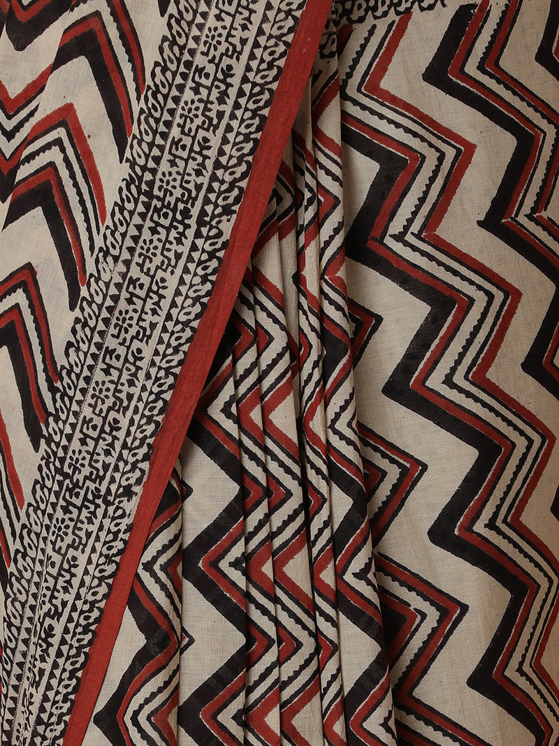 Hand Block Chevron Printed Cotton Mulmul saree-Binks