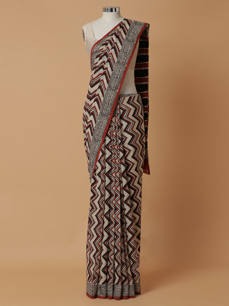 Hand Block Chevron Printed Cotton Mulmul saree-Binks