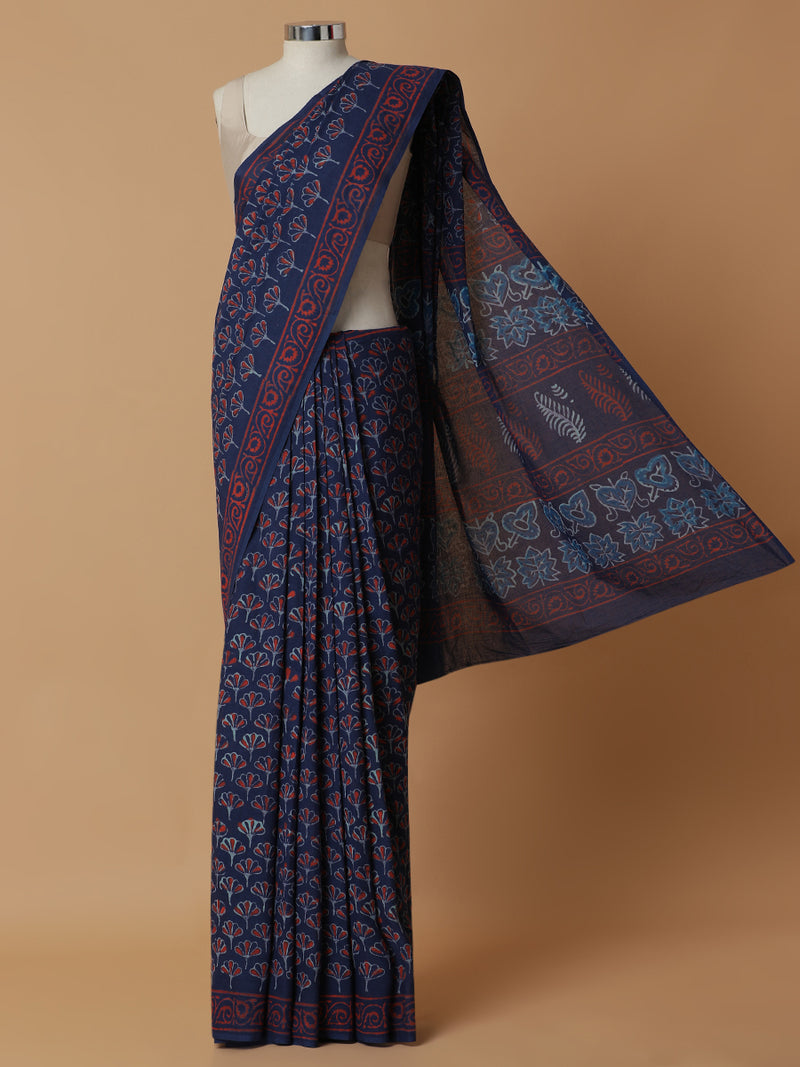Hand Block Printed Dhabu Blue Cotton Mulmul saree-Binks