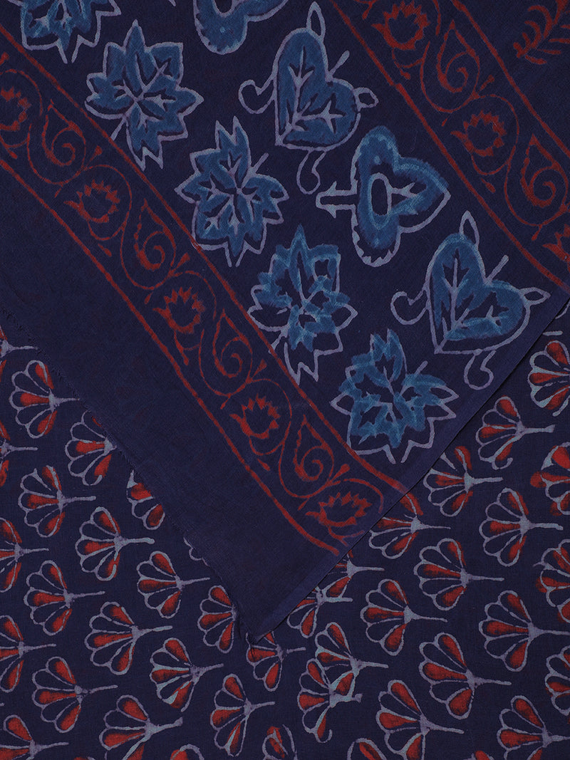 Hand Block Printed Dhabu Blue Cotton Mulmul saree-Binks