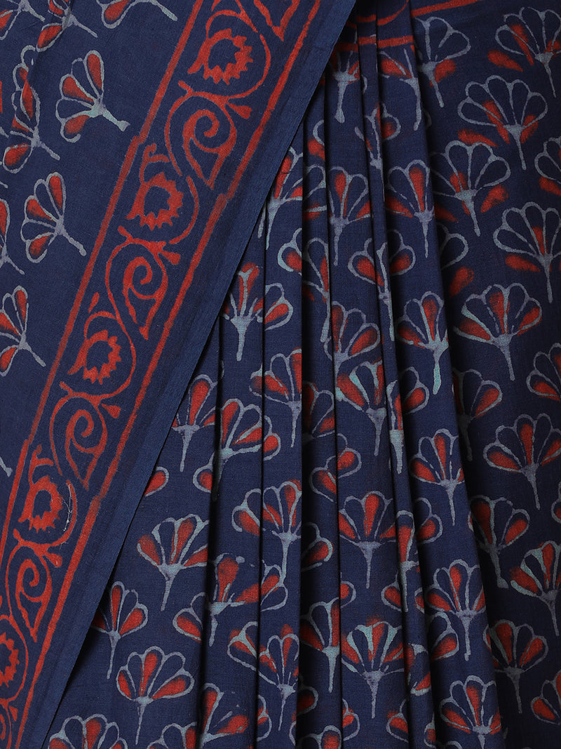 Hand Block Printed Dhabu Blue Cotton Mulmul saree-Binks