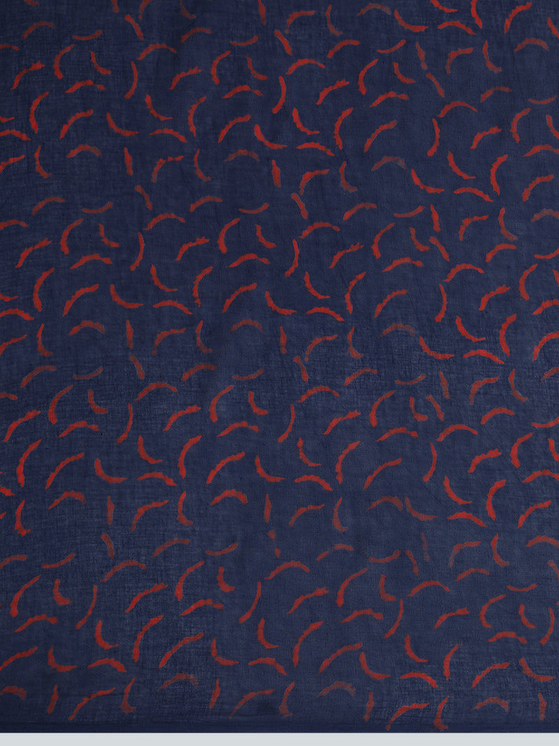 Hand Block Printed Dhabu Blue Cotton Mulmul saree-Binks