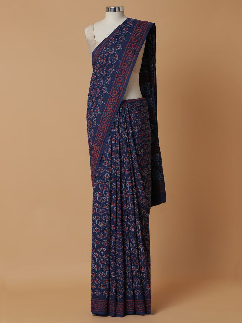 Hand Block Printed Dhabu Blue Cotton Mulmul saree-Binks