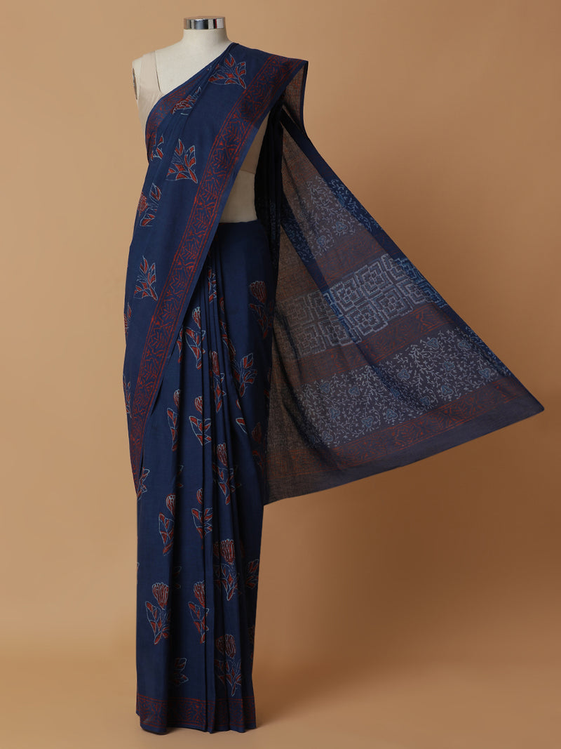 Hand Block Printed Indigo blue Cotton Mulmul saree-Binks