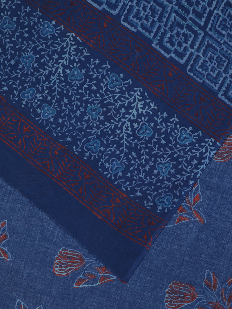 Hand Block Printed Indigo blue Cotton Mulmul saree-Binks