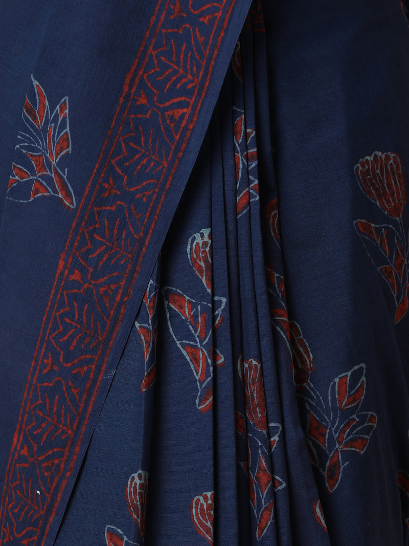 Hand Block Printed Indigo blue Cotton Mulmul saree-Binks