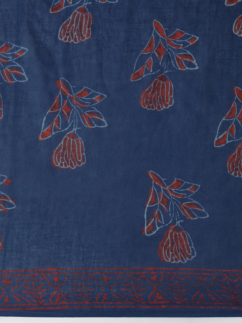 Hand Block Printed Indigo blue Cotton Mulmul saree-Binks