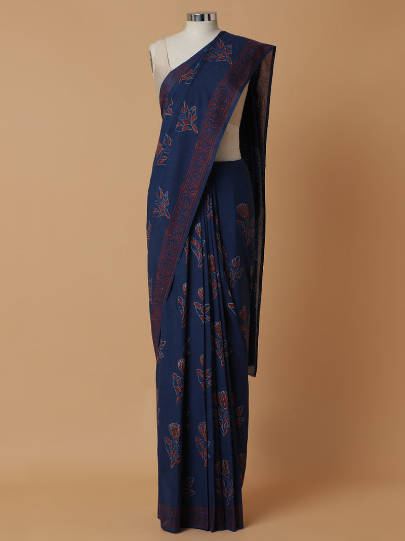 Hand Block Printed Indigo blue Cotton Mulmul saree-Binks