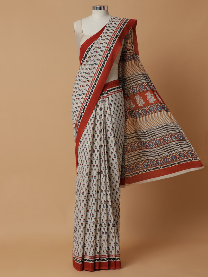 Hand Block Printed Cream-Red Cotton Mulmul saree-Binks