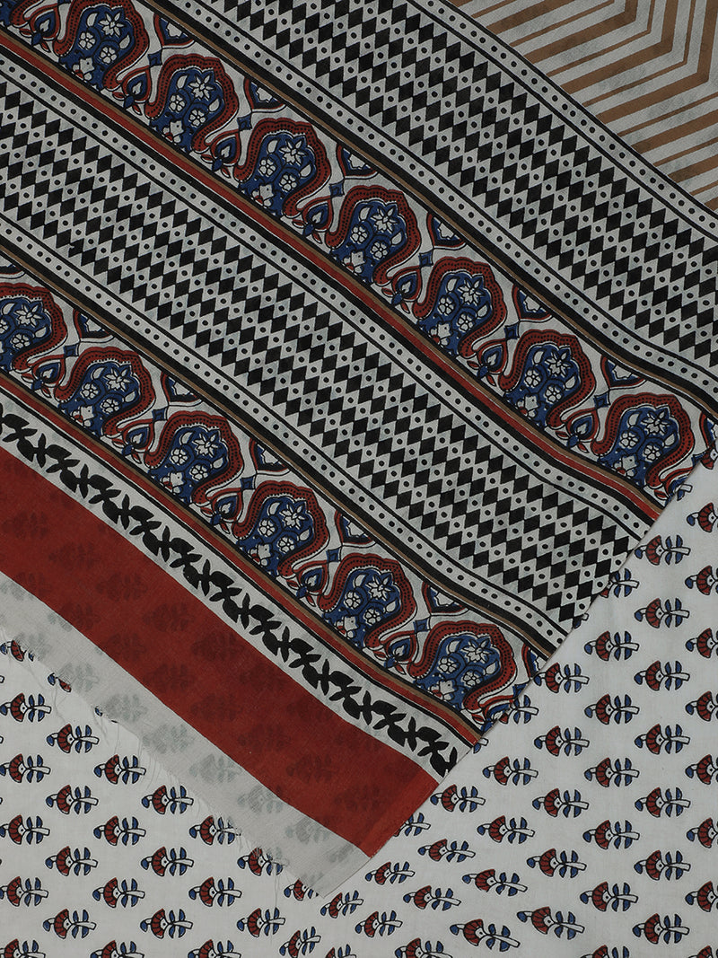 Hand Block Printed Cream-Red Cotton Mulmul saree-Binks