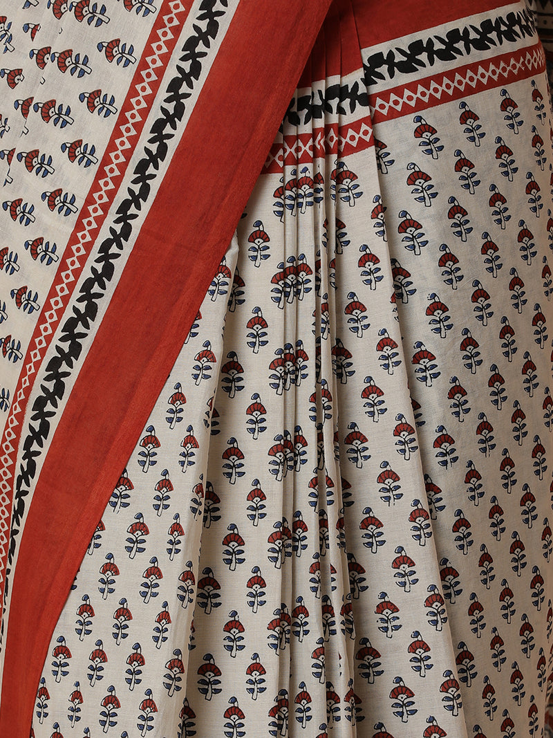 Hand Block Printed Cream-Red Cotton Mulmul saree-Binks
