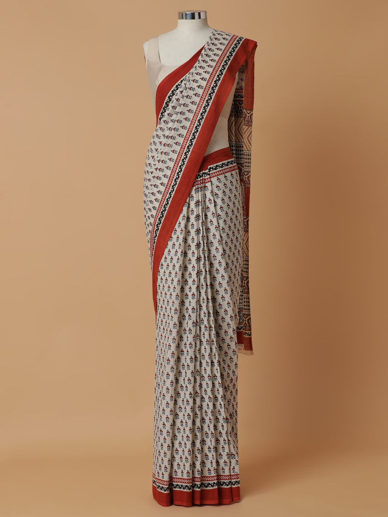 Hand Block Printed Cream-Red Cotton Mulmul saree-Binks