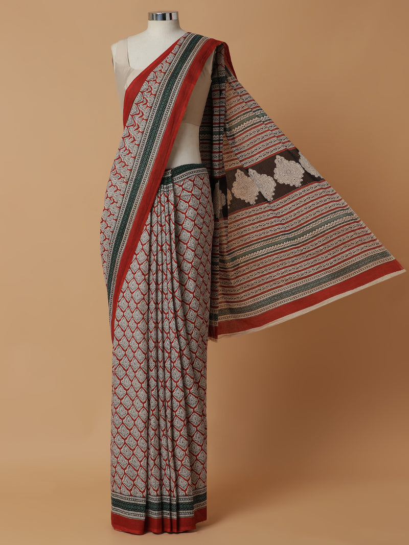Hand Block Printed Red Cotton Mulmul saree-Binks