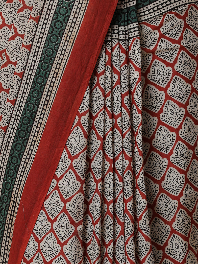 Hand Block Printed Red Cotton Mulmul saree-Binks