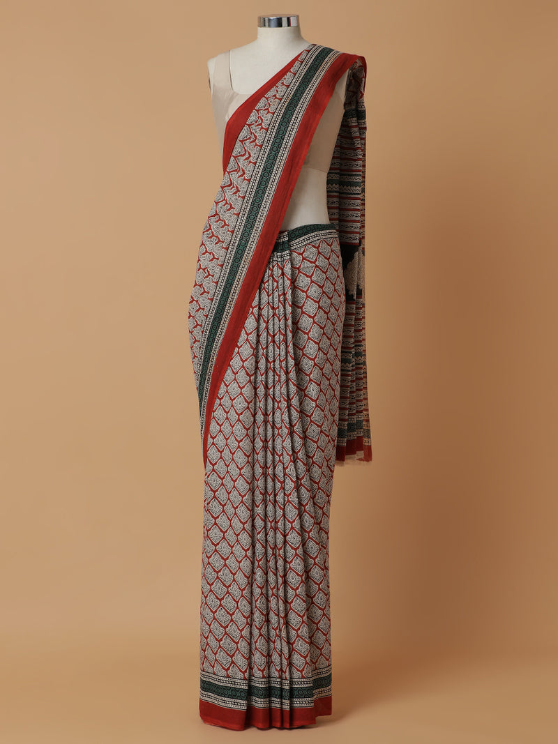 Hand Block Printed Red Cotton Mulmul saree-Binks
