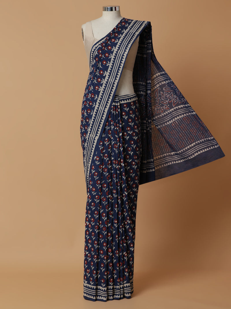 Hand Block Printed Blue Cotton Mulmul saree-Binks