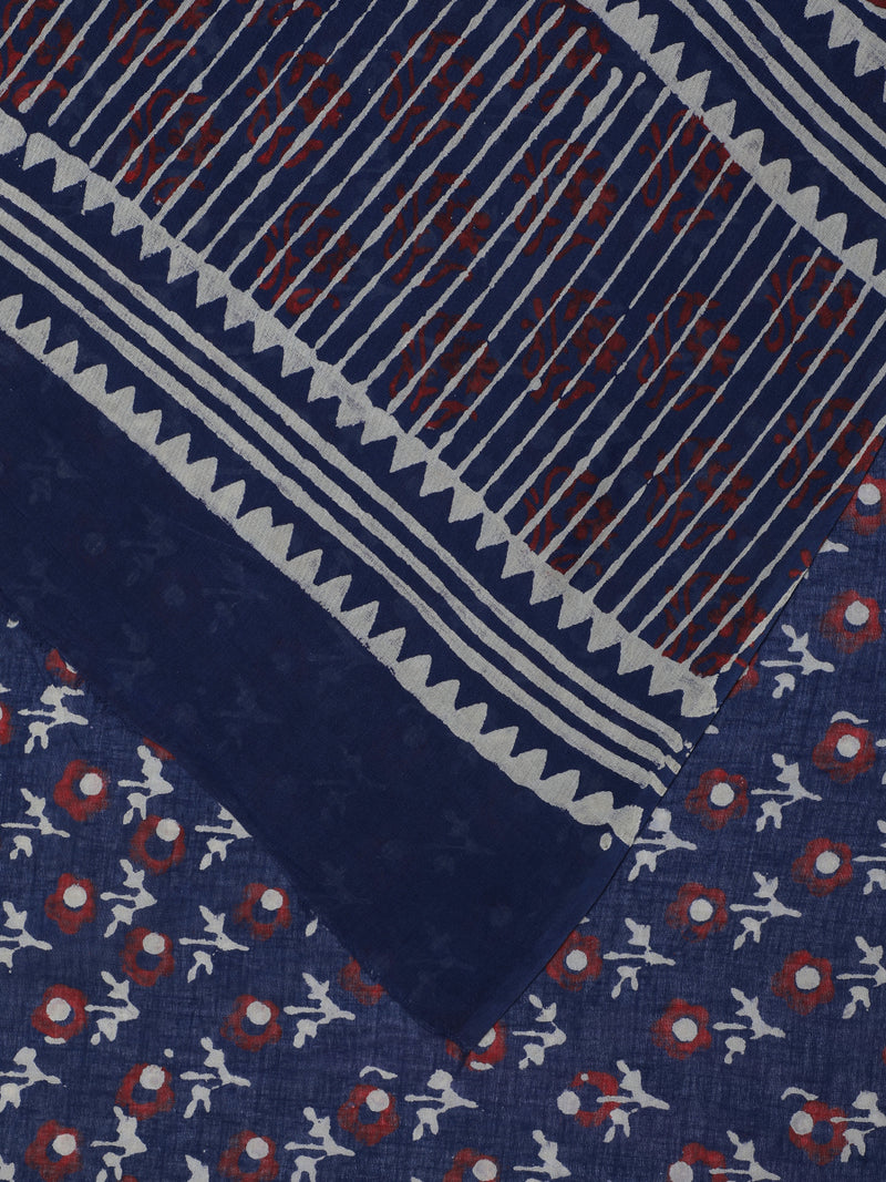 Hand Block Printed Blue Cotton Mulmul saree-Binks