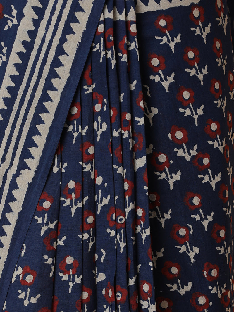Hand Block Printed Blue Cotton Mulmul saree-Binks