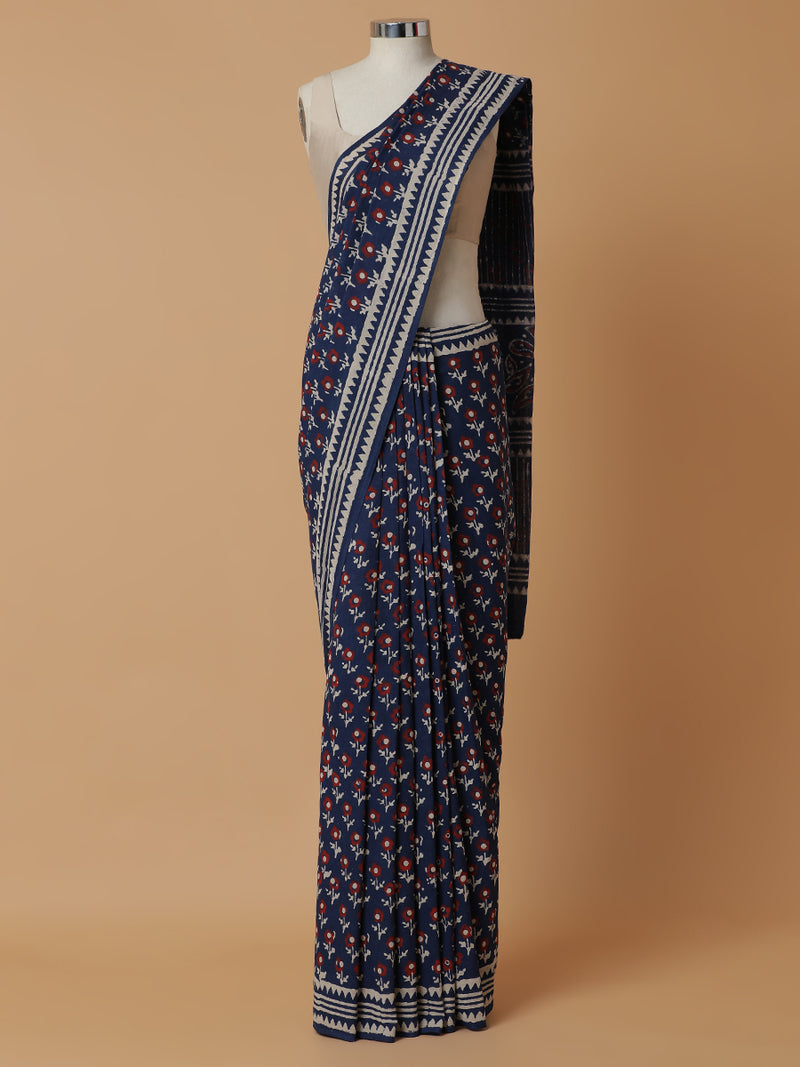 Hand Block Printed Blue Cotton Mulmul saree-Binks