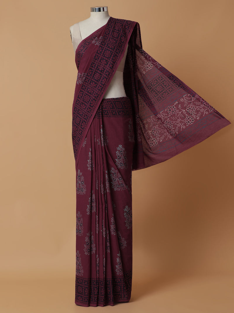 Hand Block Printed Maroon Cotton Mulmul saree-Binks