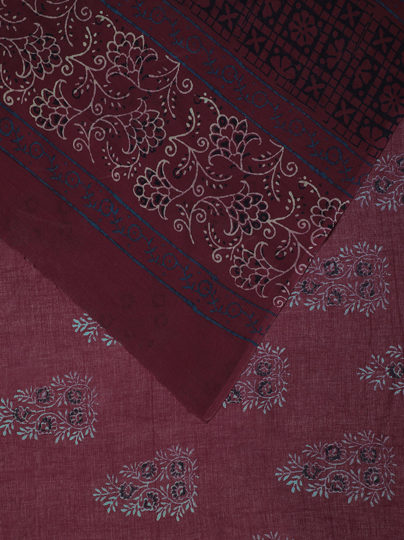 Hand Block Printed Maroon Cotton Mulmul saree-Binks