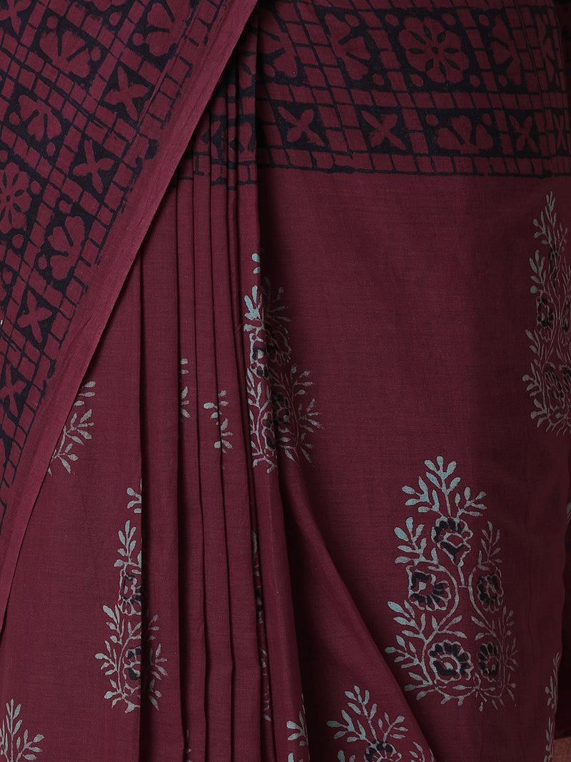 Hand Block Printed Maroon Cotton Mulmul saree-Binks